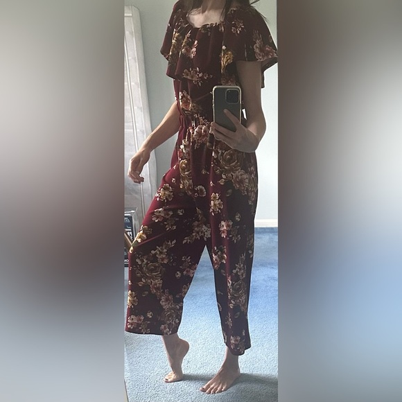 Altar’d State Burgundy/Maroon Floral Print On or Off the Shoulder Jumpsuit - Picture 10 of 15